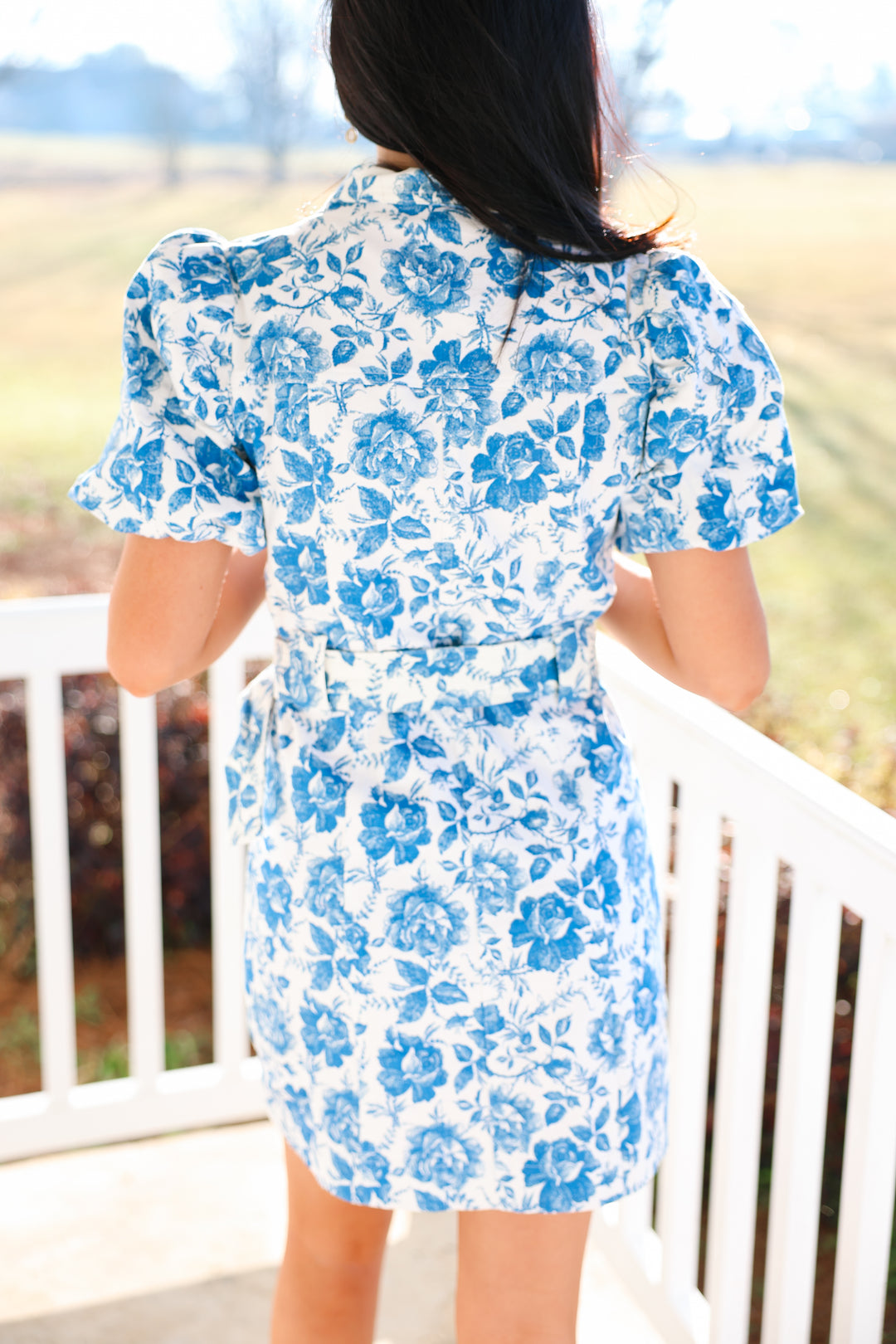 Belted Button Dress "White/Blue"