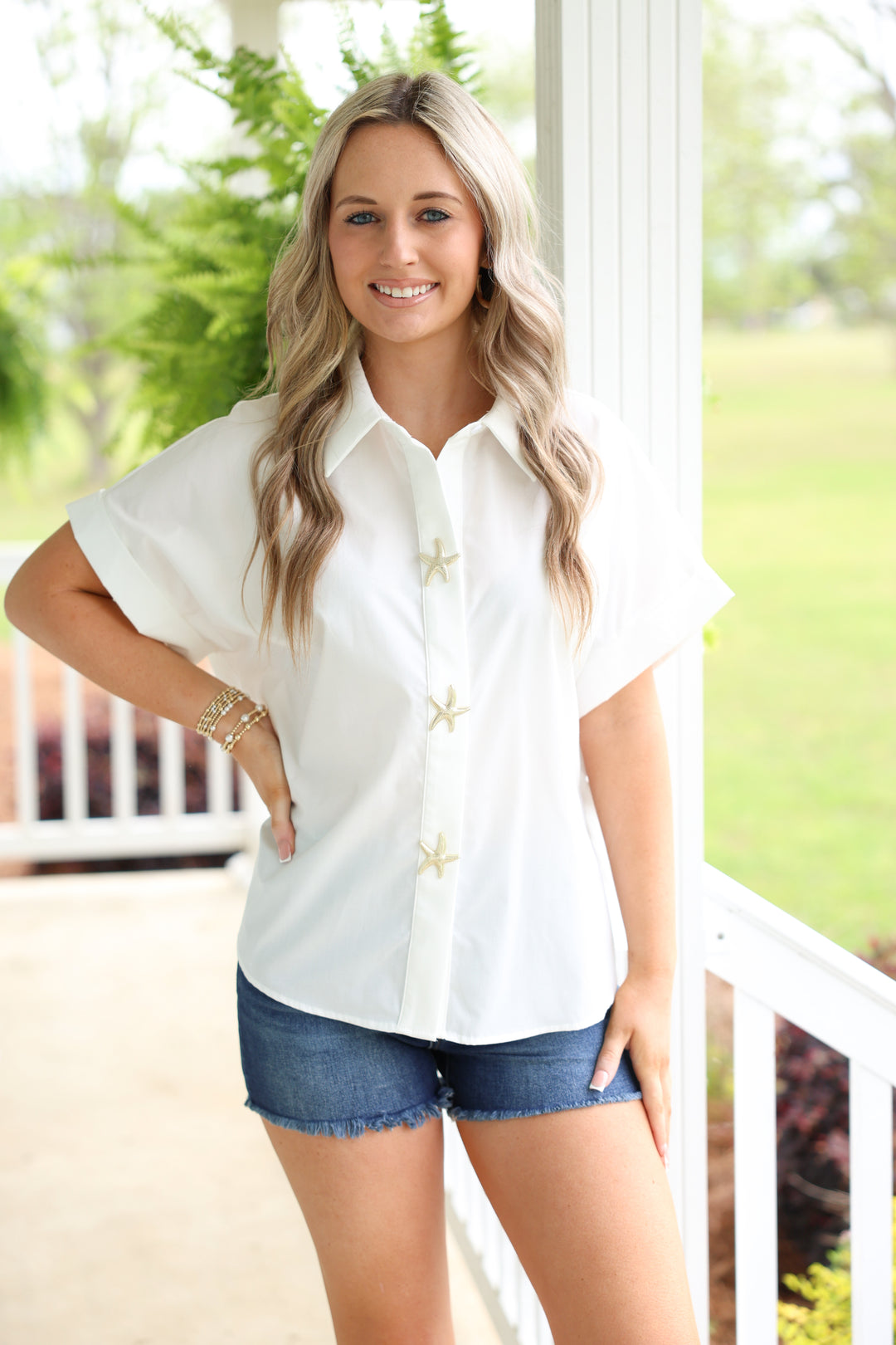 Starfish Button Accent Solid Top "Off White"