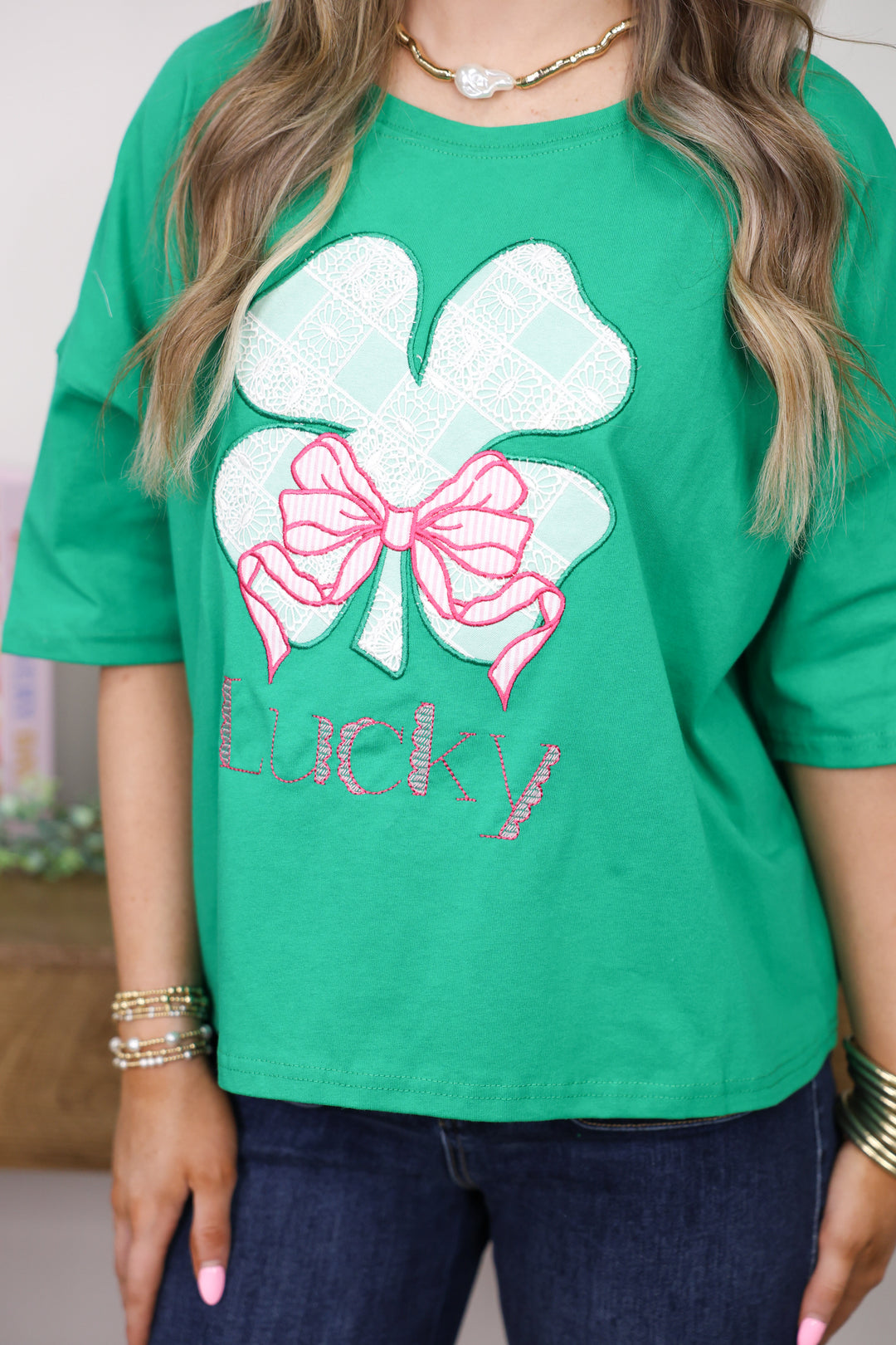 Lucky Clover Oxford W/ Lace Checker Detailed Top "Kelly Green"