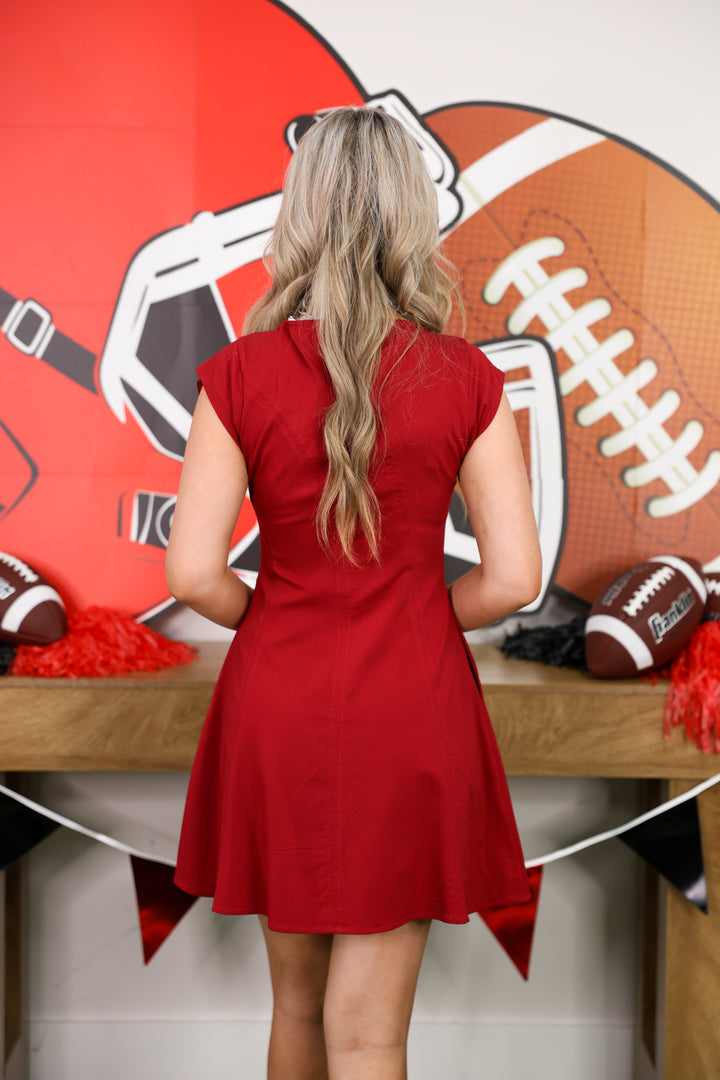 Boat Round Neckline Cap Sleeve Mini Dress "Crimson"