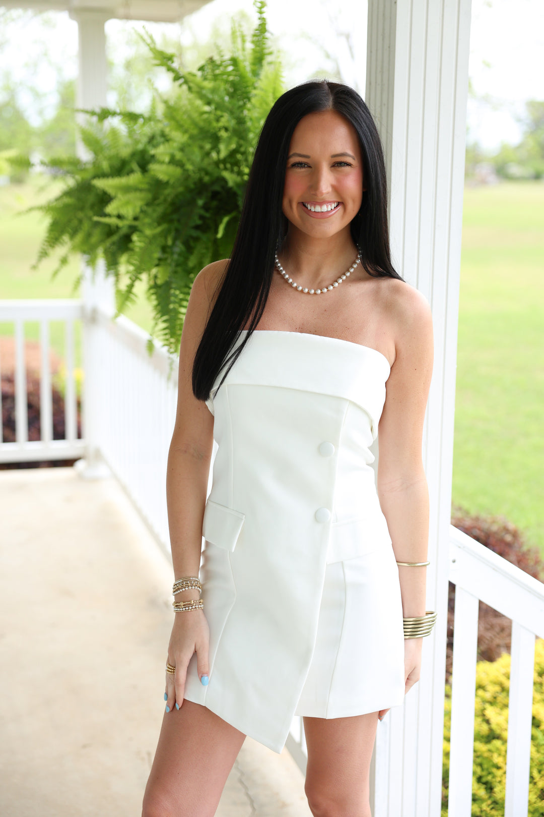 Strapless Collared Tailored Bodycon Mini Dress "White"