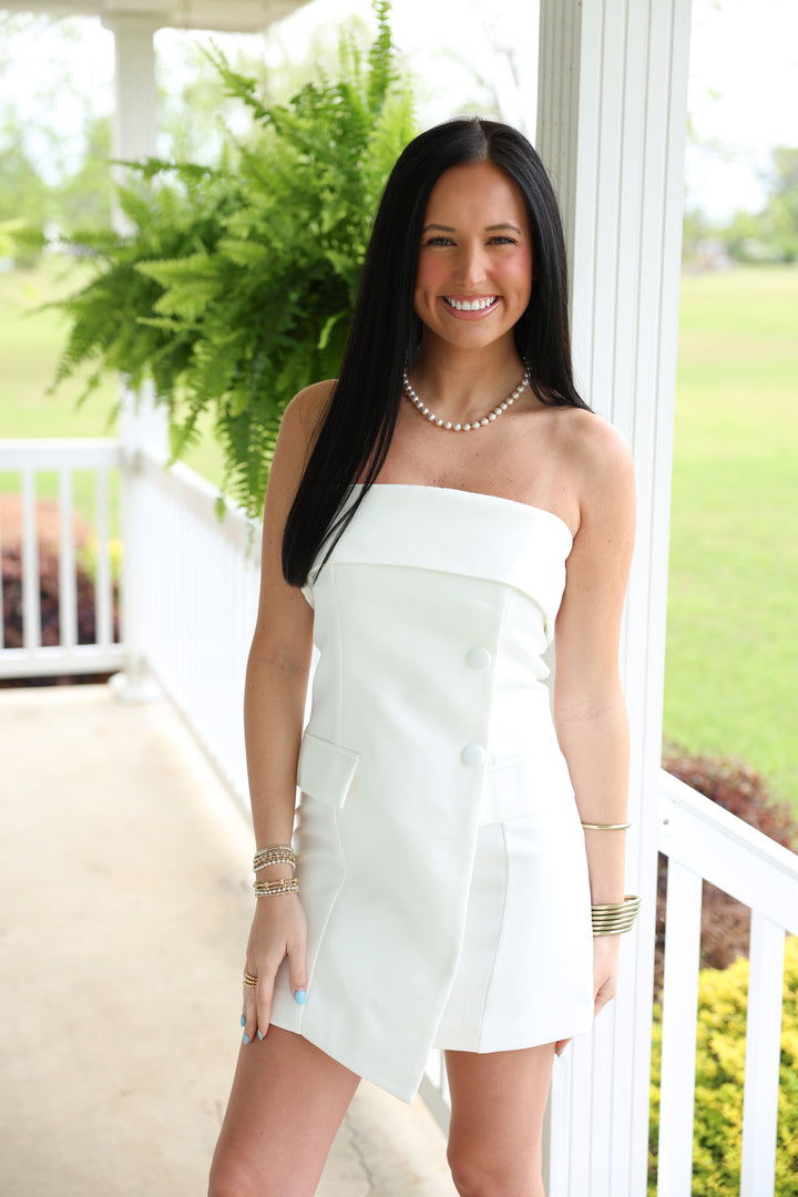 Strapless Collared Tailored Bodycon Mini Dress "White"