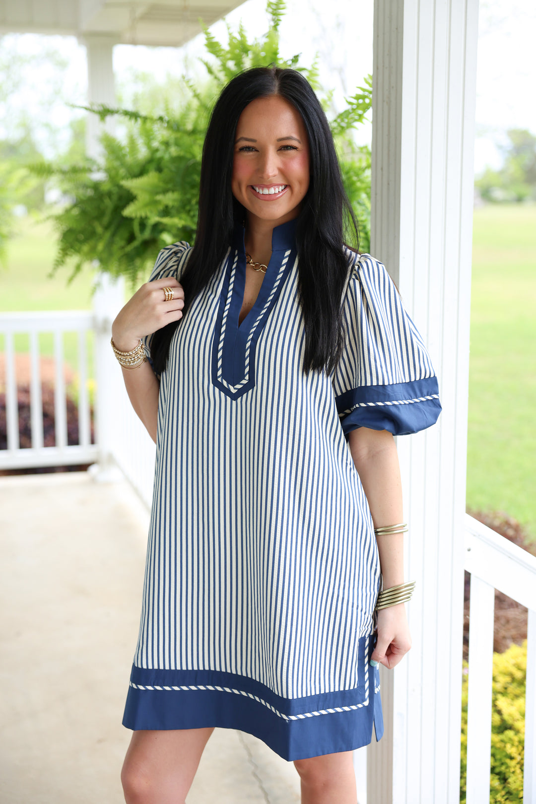 Sassy Stripes Puff Sleeve Dress "Indigo"