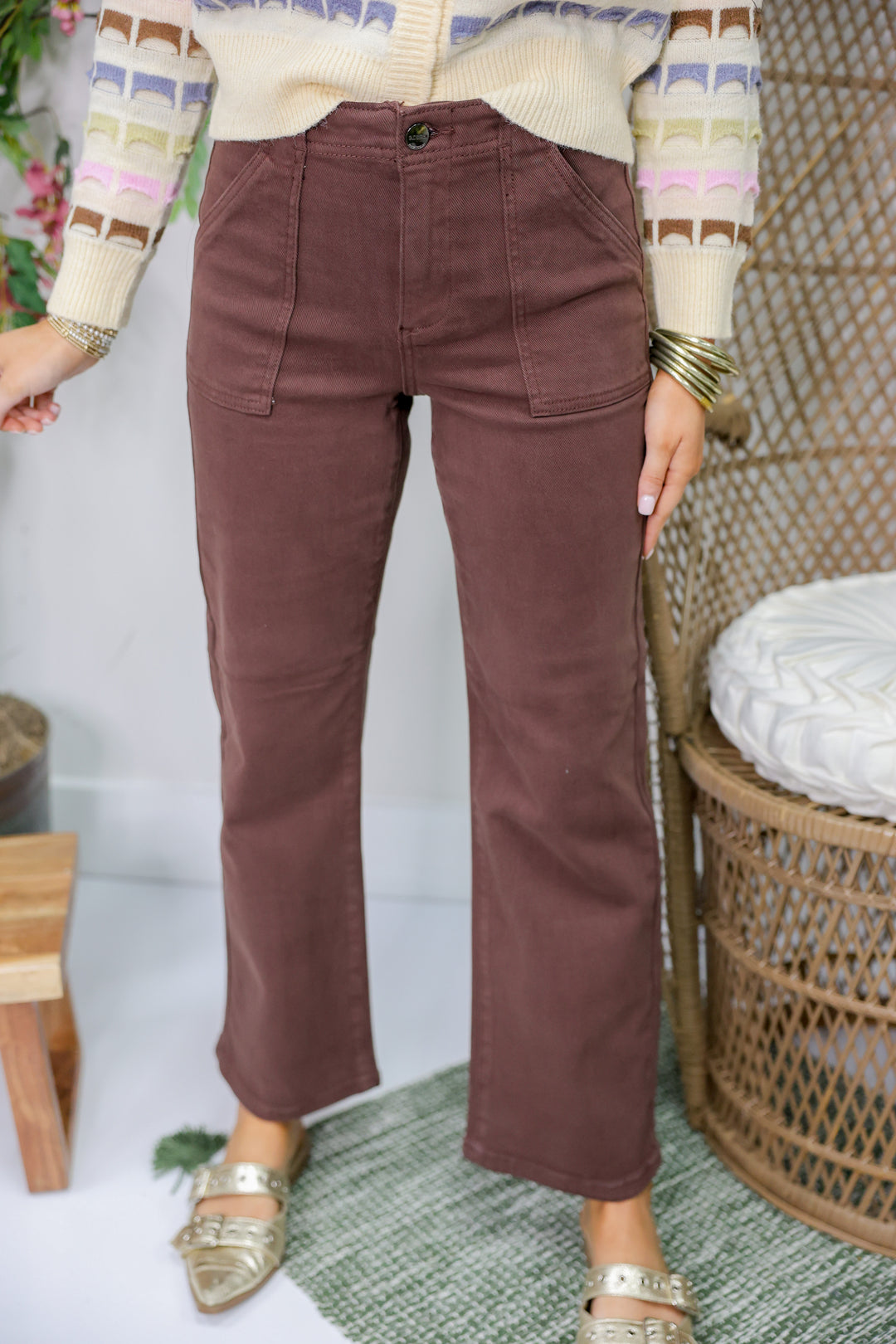 Risen - High Rise-Ankle Flare Patch Pocket Jeans "Choco Brown"