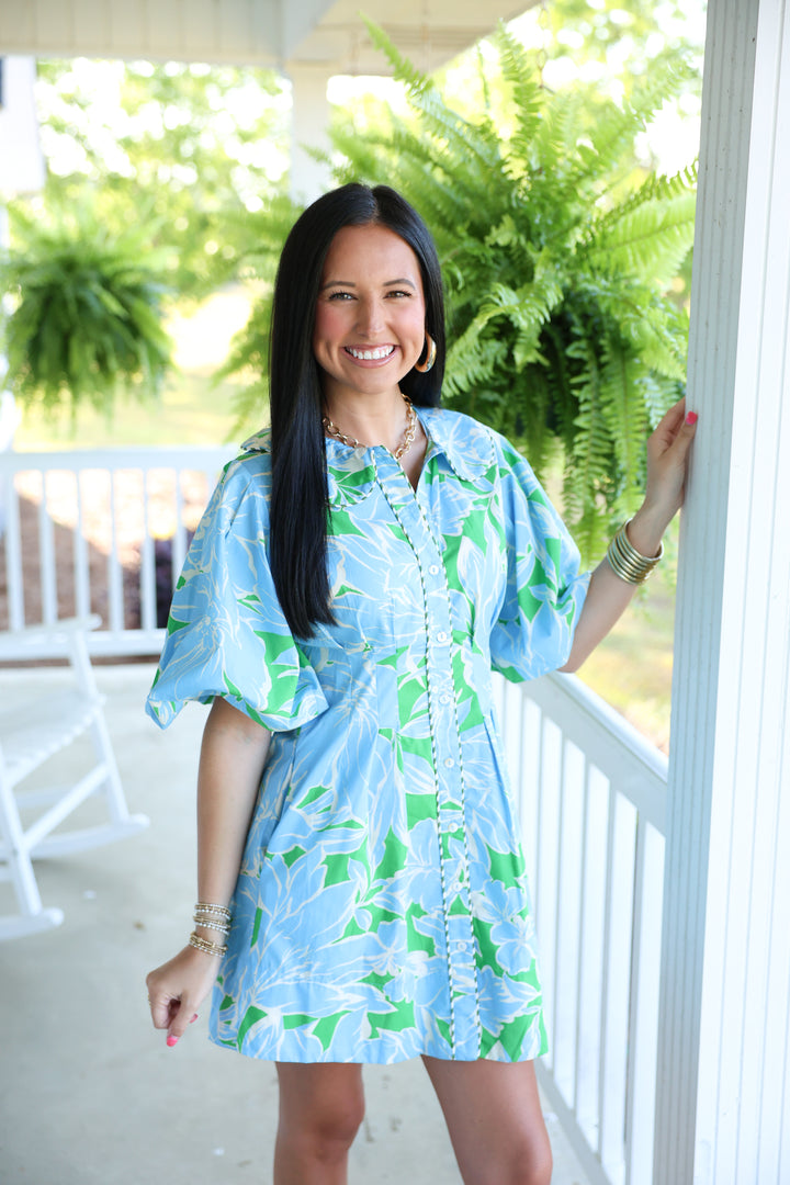 Ember Floral Puff Sleeve Mini Dress "Green/Blue"