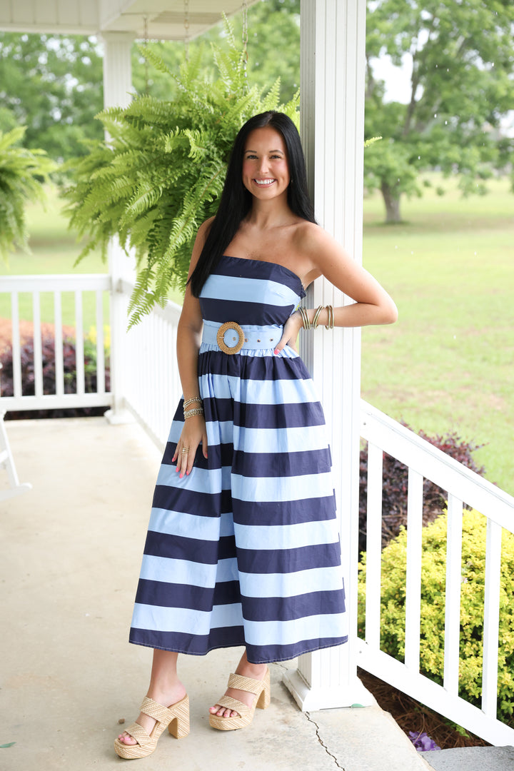 Sunshine Stripes Strapless Midi Dress "Navy"