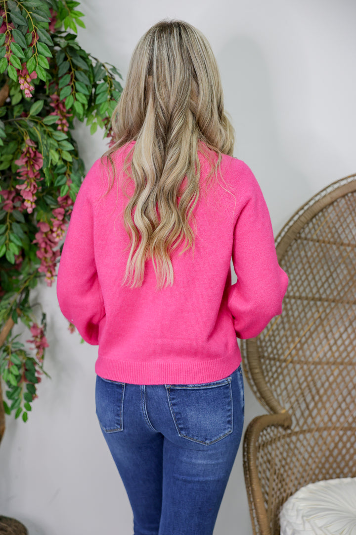 Solid Long Sleeve Sweater Knit Cardigan "Pink"
