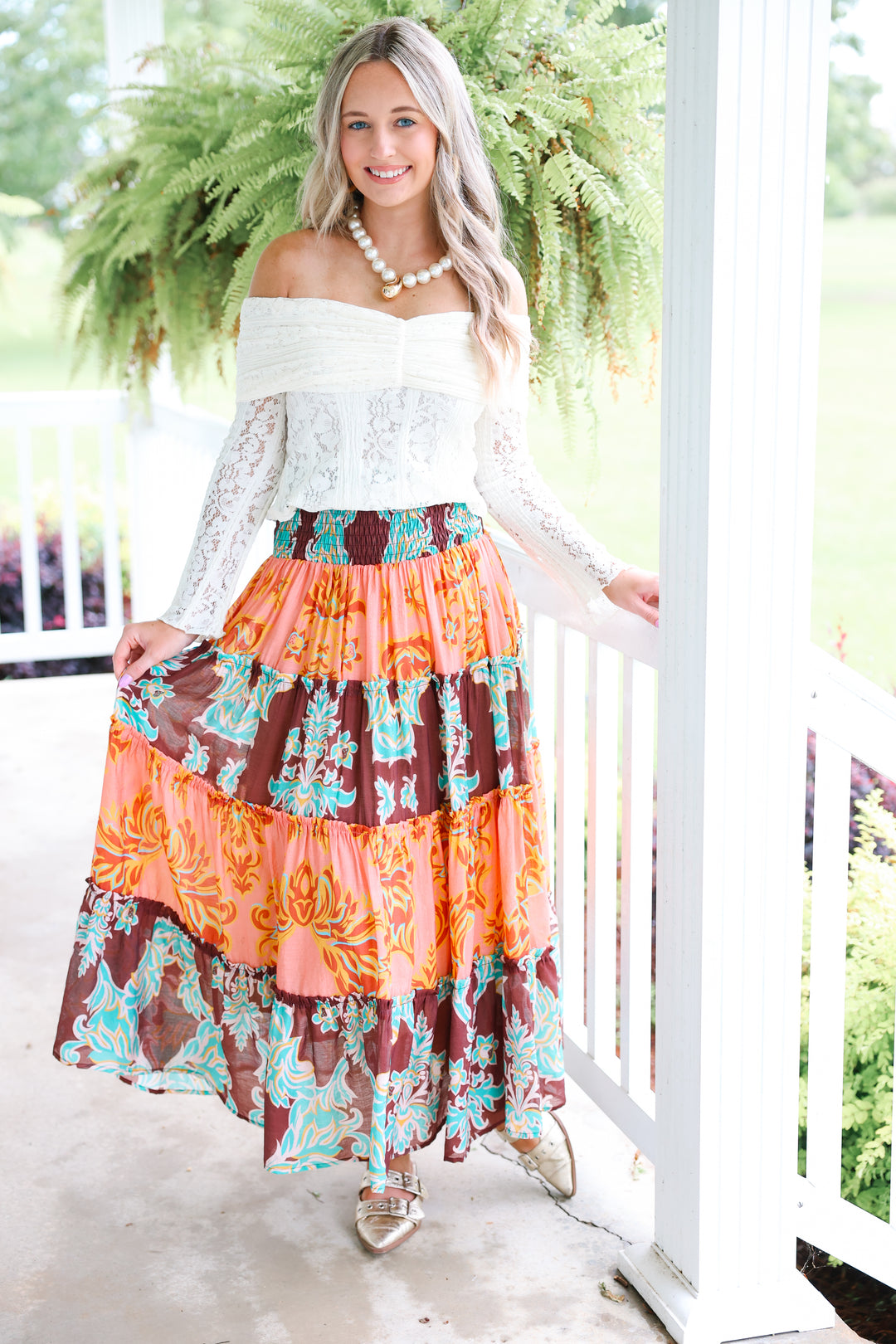 Boho Tiered Maxi Skirt "Coral Paradise"
