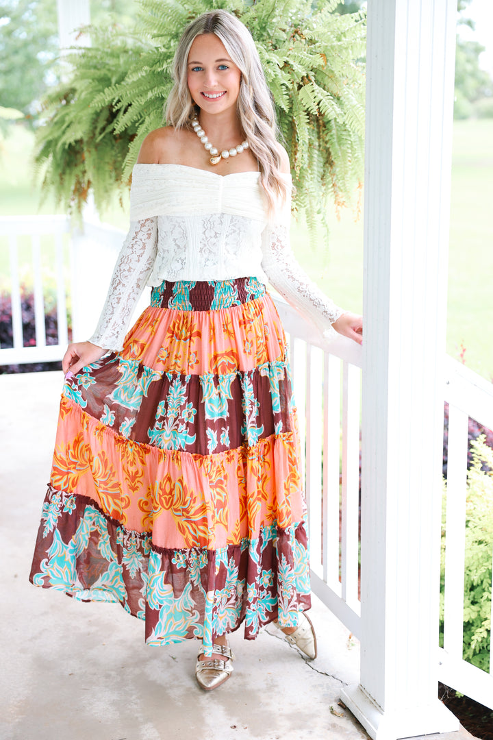 Boho Tiered Maxi Skirt "Coral Paradise"