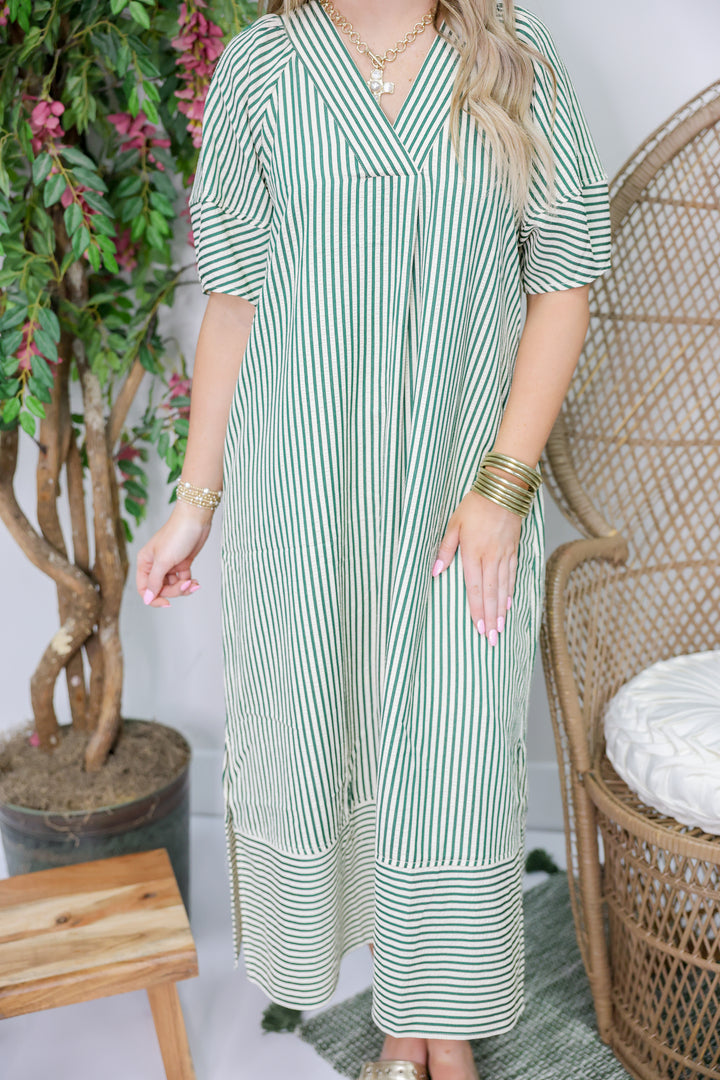 Stripe Pattern Midi Dress "H Green"