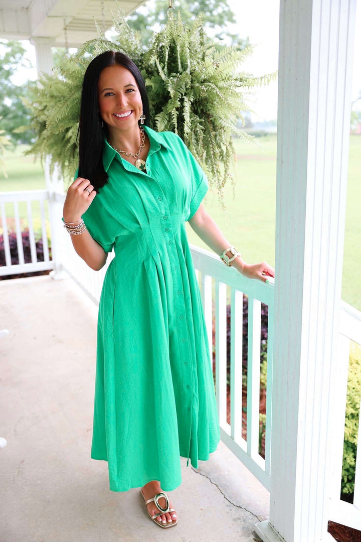 Solid Cuff Short Sleeve Pleated Midi Dress "Green"