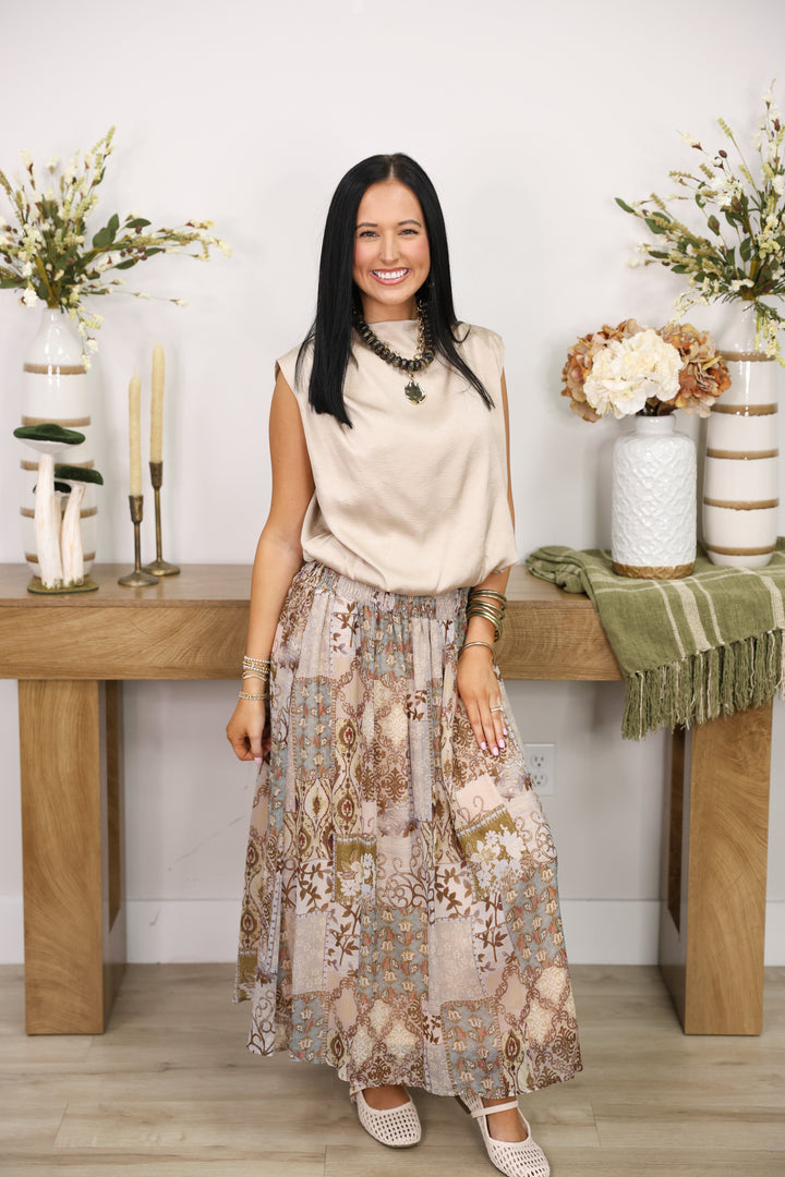 Mock Neck Sleeveless Bubble Top "Beige"