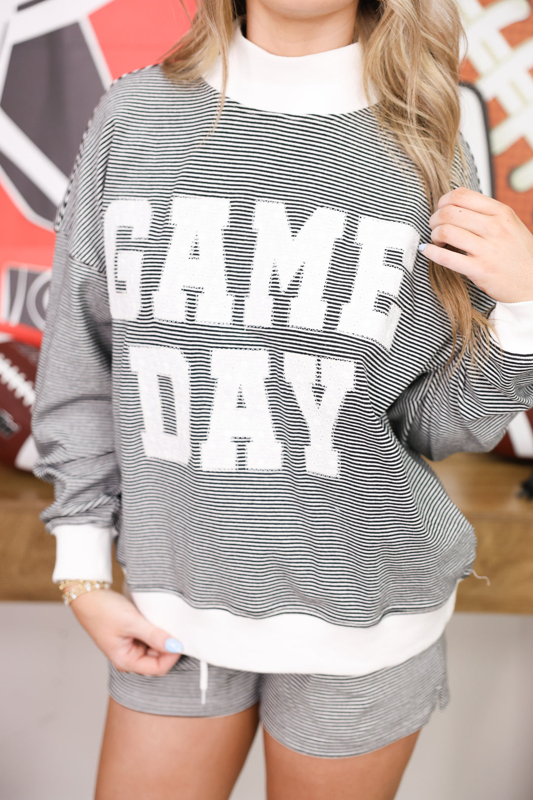 "Game Day" Mock Neck Stripe Sweatshirt & Shorts Set "Black/White"
