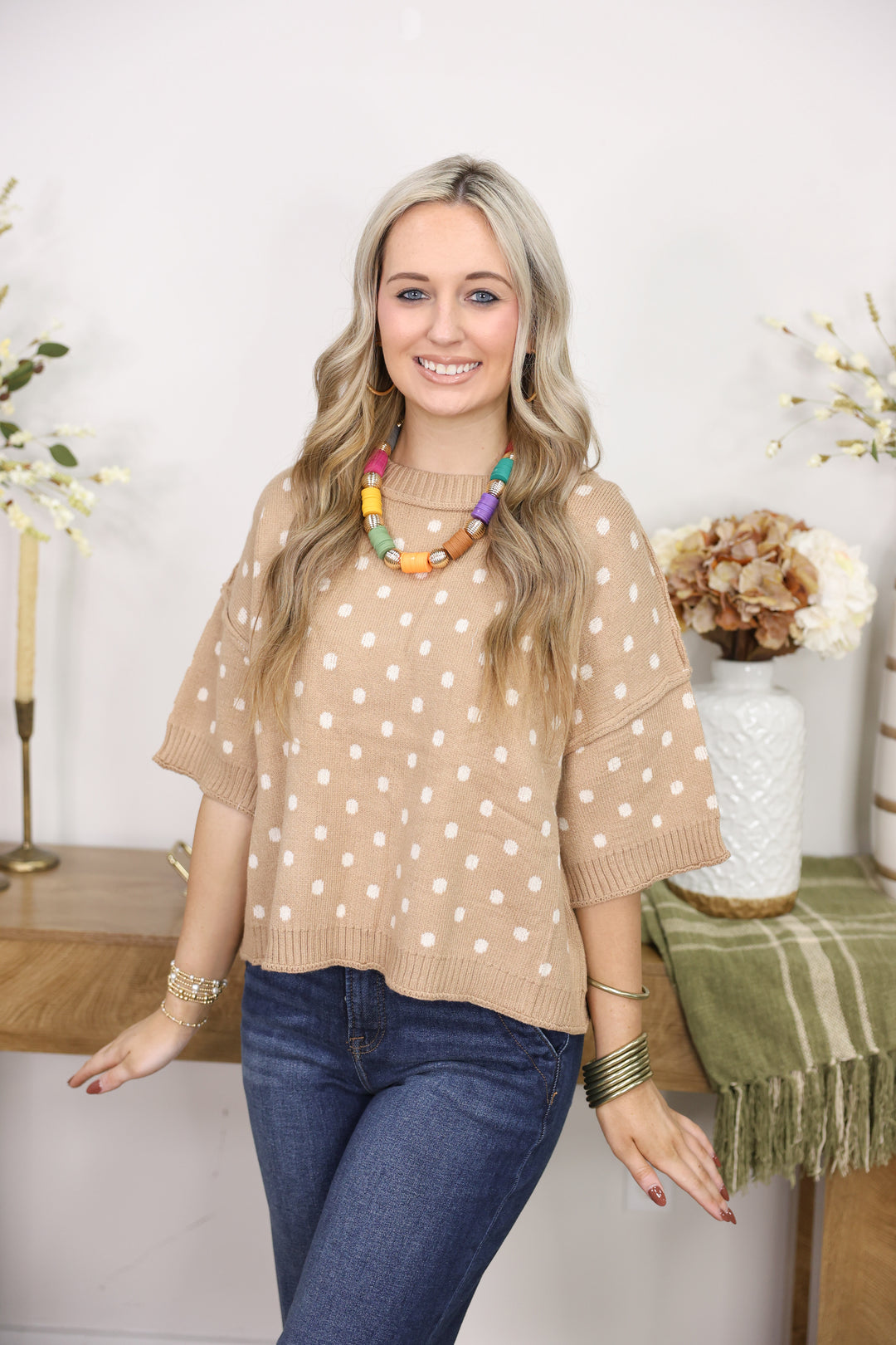 Polka Dot Round Neck Short Sleeve Sweater Top "Camel"