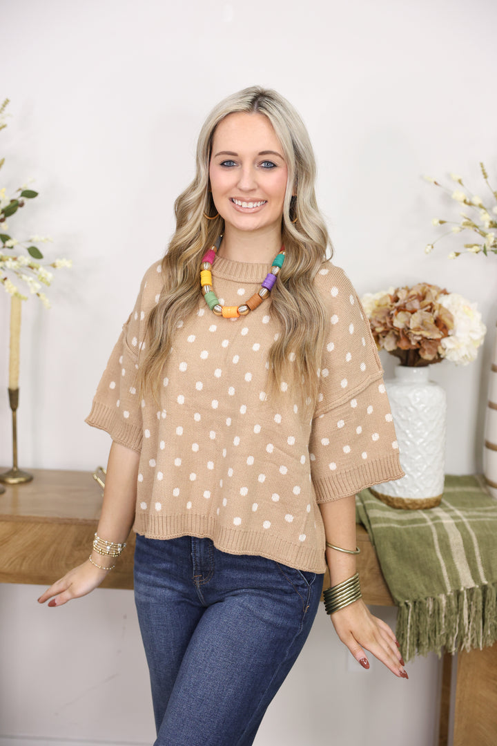 Polka Dot Round Neck Short Sleeve Sweater Top "Camel"