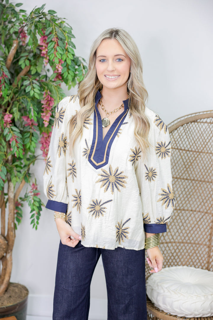 Botanical Embroidery 3/4 Puff Sleeve Top "Ecru"
