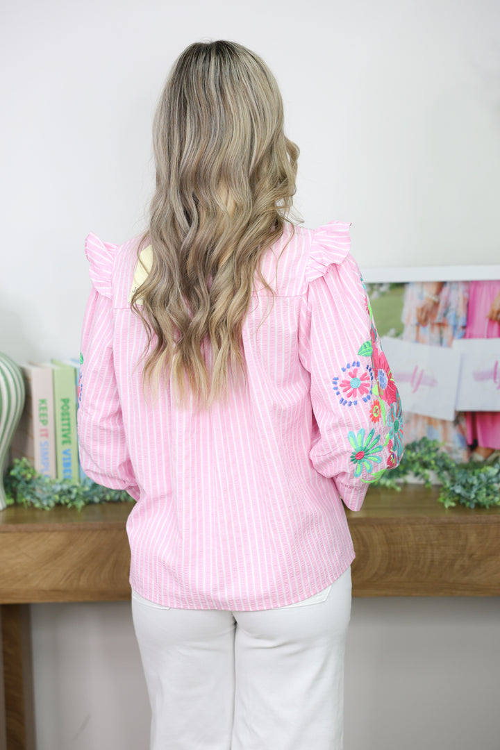 Embroidered Sleeve Stripe Top "Pink"