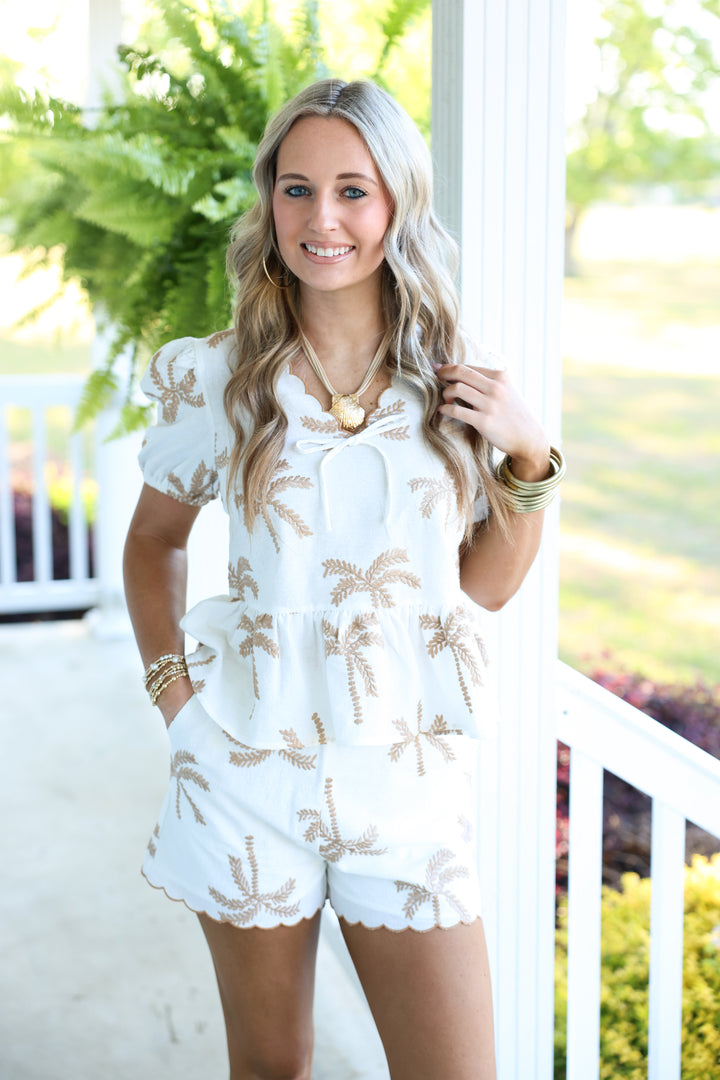 Sun-Kissed Palm Tree Embroidery Top & Shorts Set "Ivory"