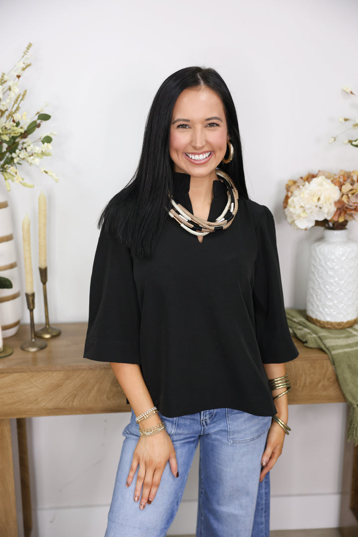 3/4 Sleeves Crinkled Solid Top W/ Ruffled Neckline "Black"