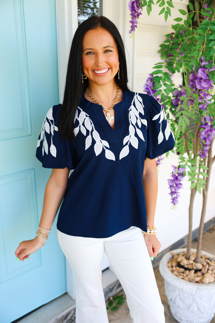 Navy Embroidered Top
