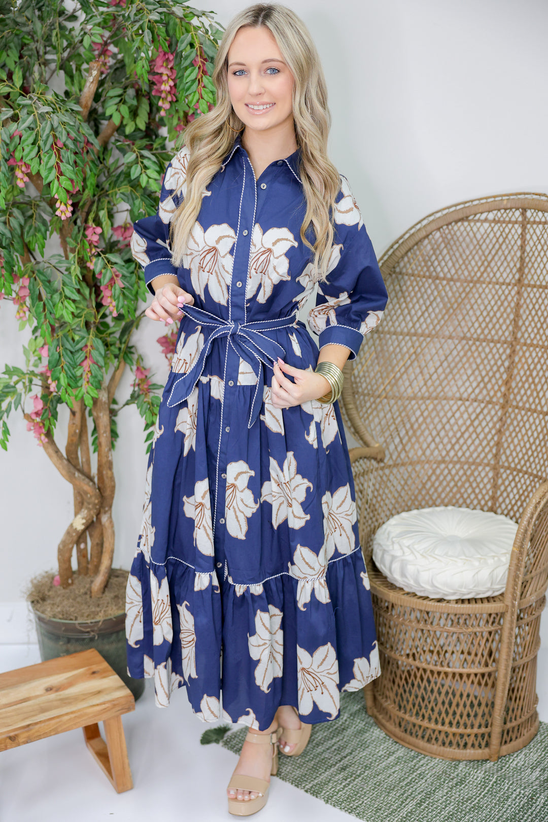 Demi Floral Print  3/4 Sleeve Midi Dress "Navy"