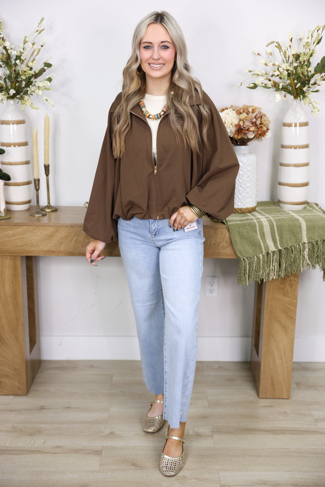 Solid Long Sleeve Jacket W/ Gold Zipper "Brown"