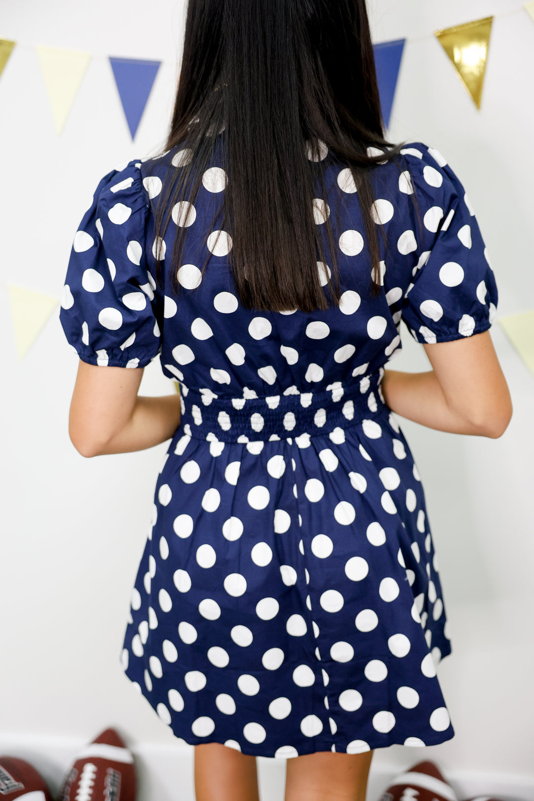 Polka Dot Smocked Waist Mini Dress "Navy"
