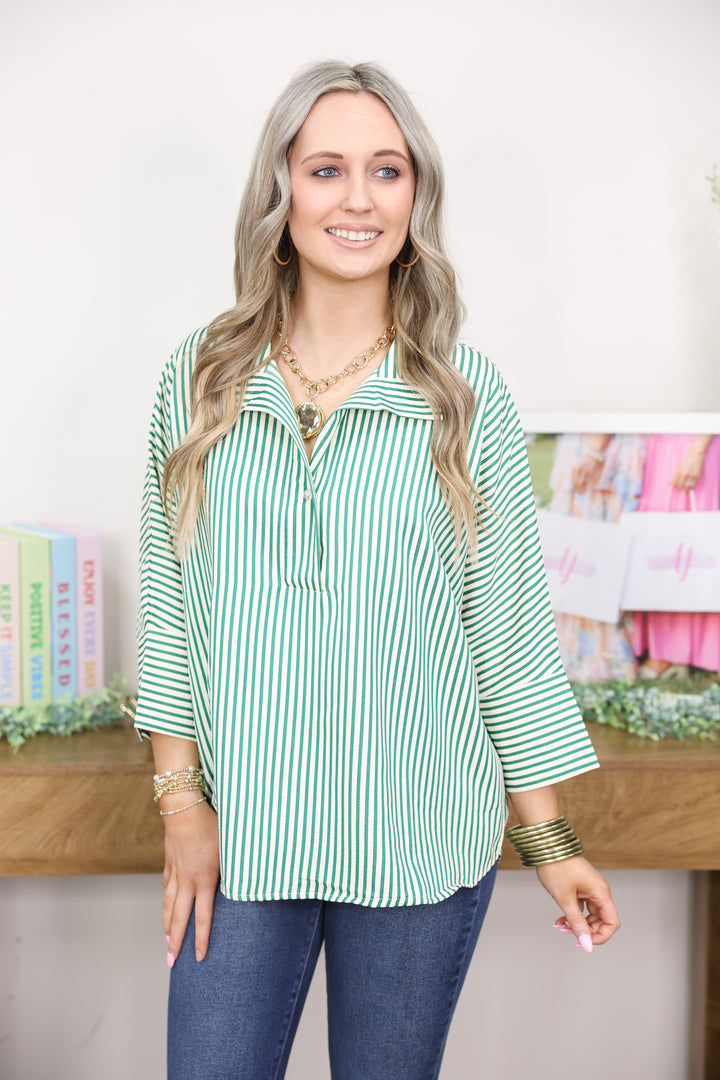 Striped 3/4 Sleeve Top "Green"