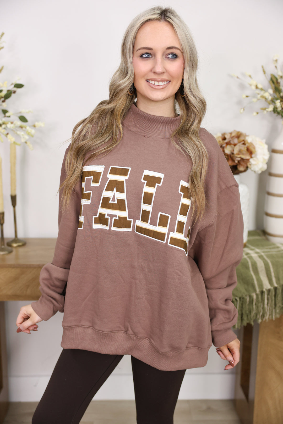 'FALL' Patterned Applique Embroidered Mock Neck Sweatshirt "Brown"