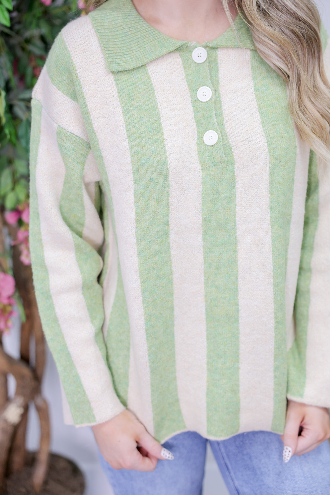 Striped Sweater Top With Front Buttoned "LT Olive"