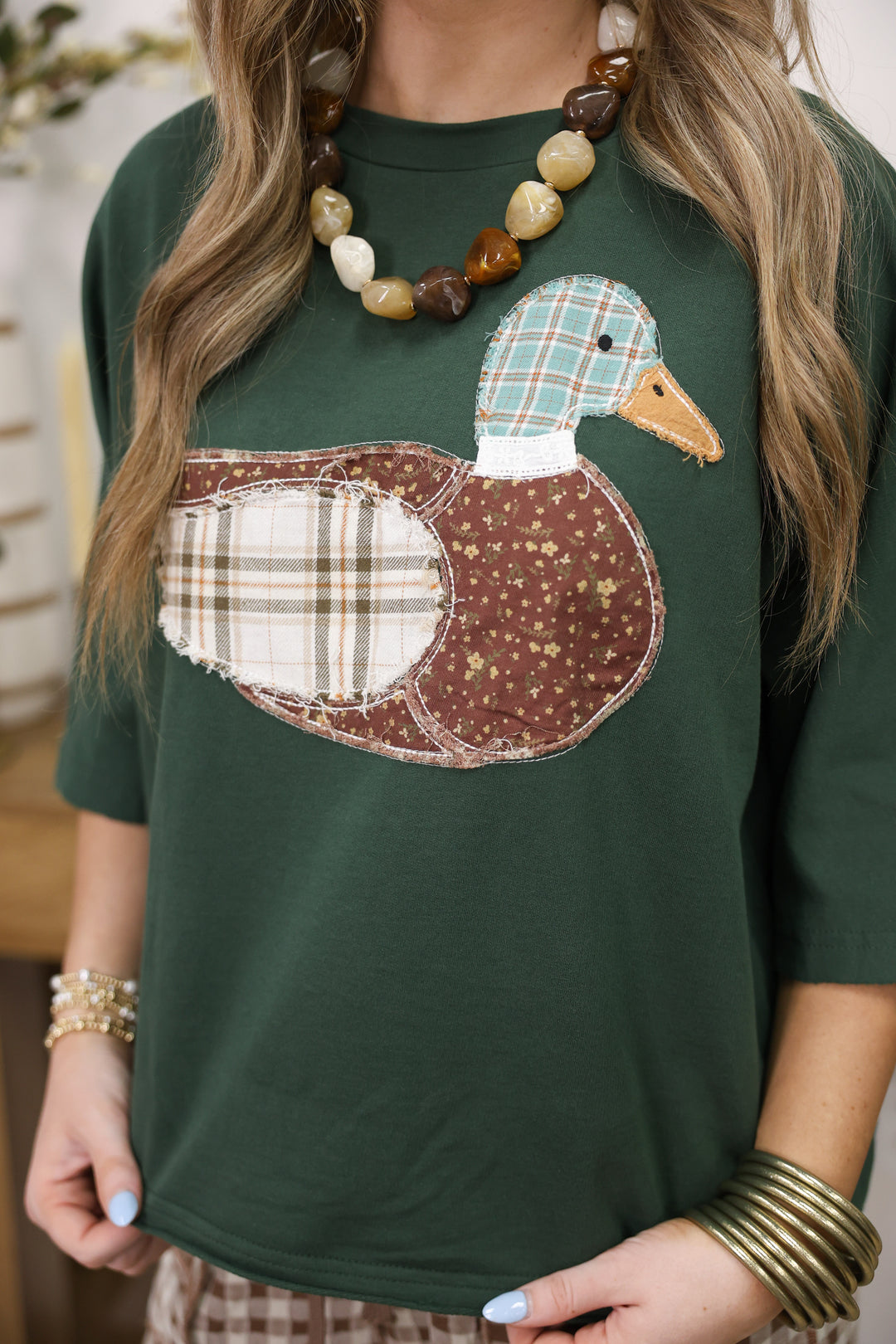 Mallard Duck Patchwork Dolman Sleeve Knit Top "Hunter Green"
