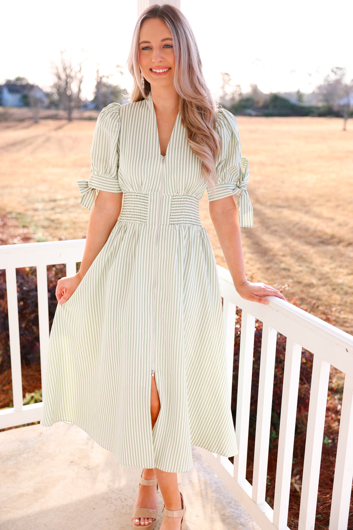 Giddy Gracious Striped Zipper Dress "Sage"