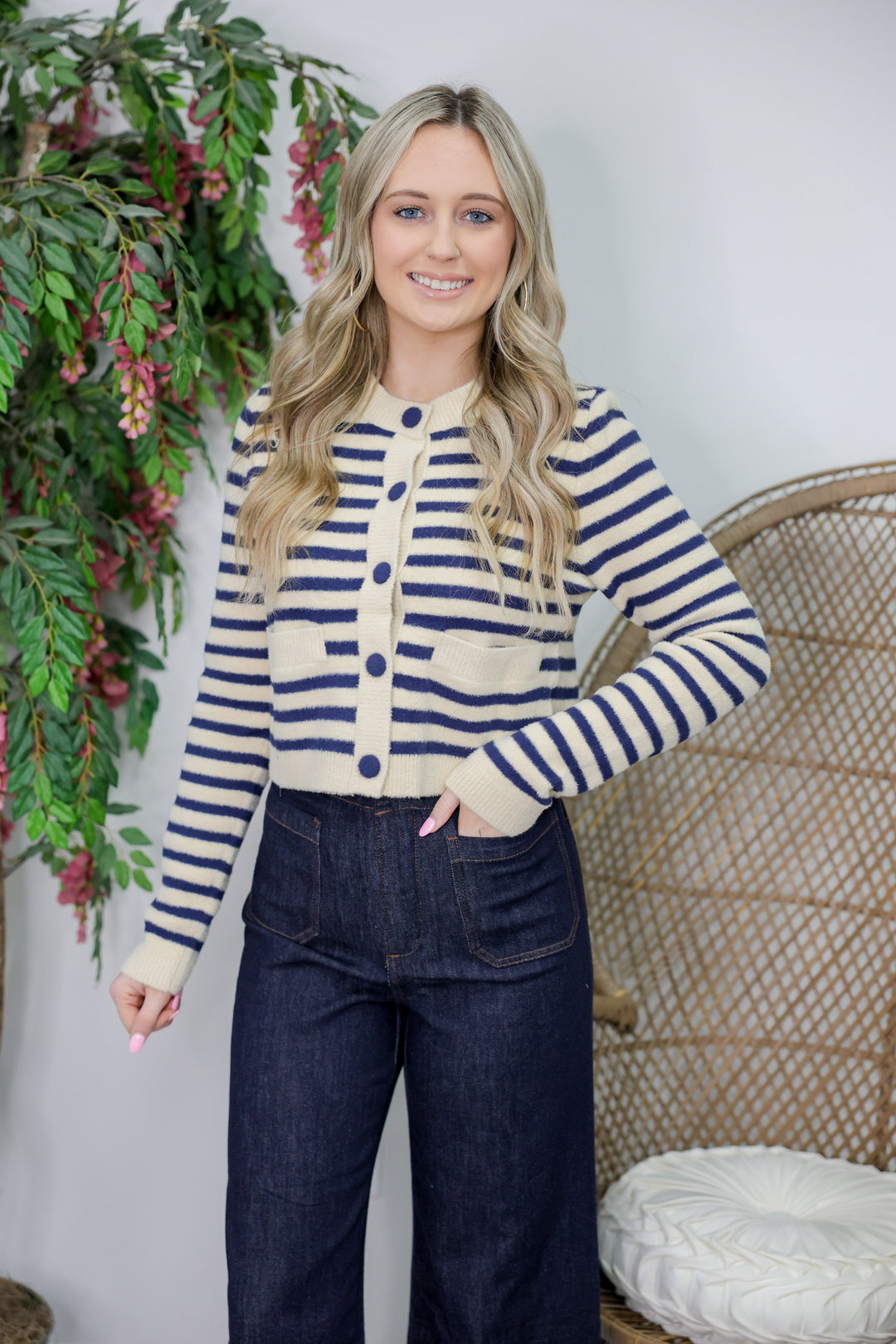 Button Down Striped Cardigan "Navy/Tan"