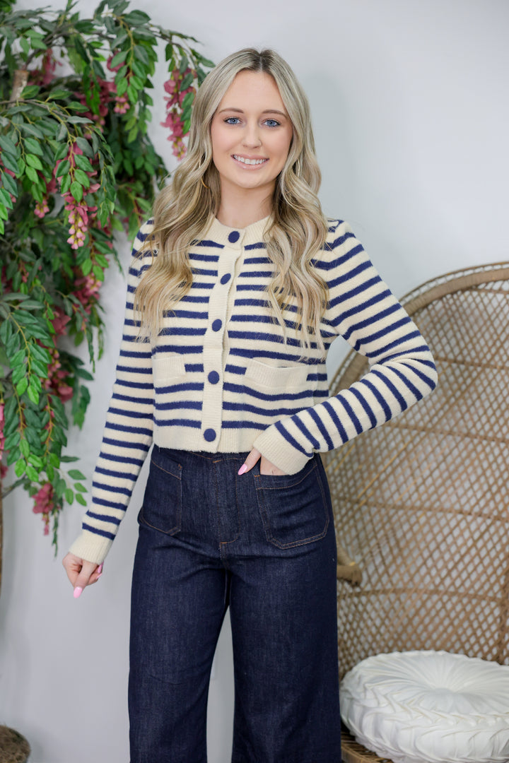 Button Down Striped Cardigan "Navy/Tan"