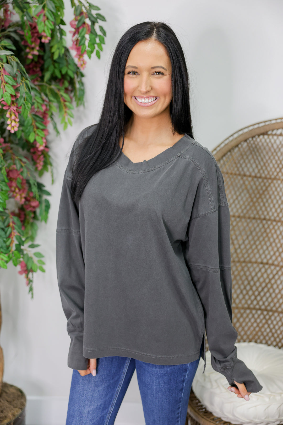 Pigment Washed V-Neck LS Top