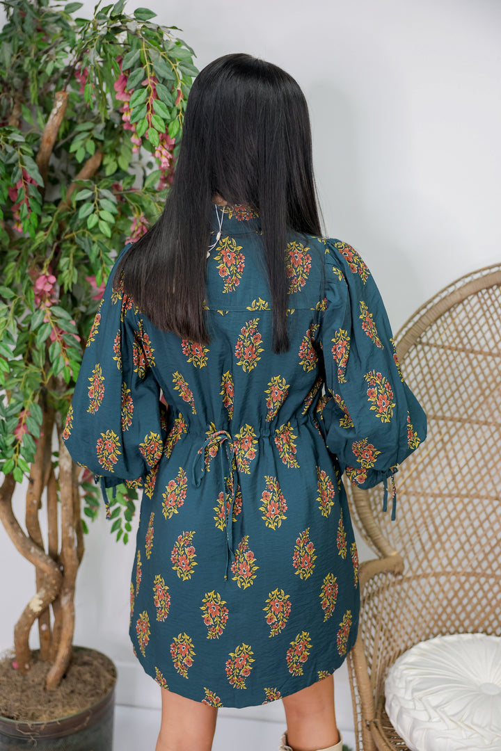 Allie Floral Print Puff Sleeve Mini Dress "H Green"