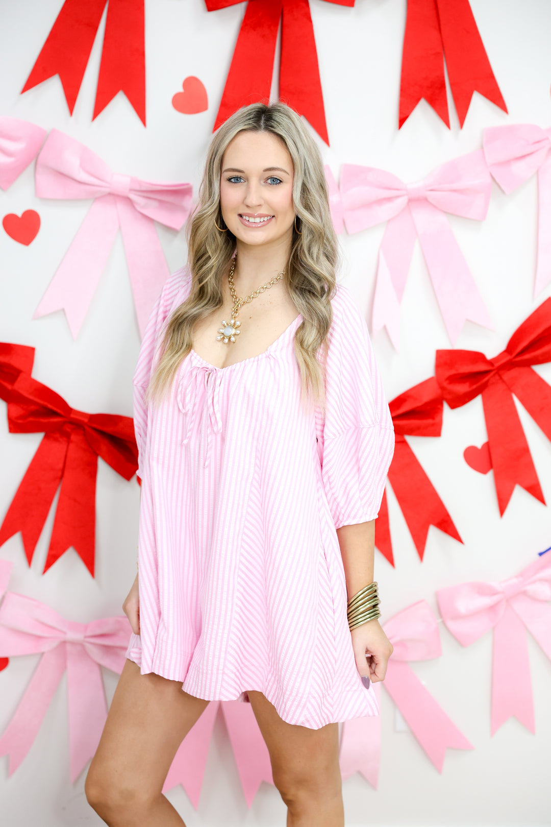 Striped Front Tie Detail Easy Fit Romper "Pink"