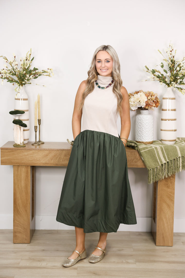 Solid Sleeveless Mock Neck Midi Dress "Oat"