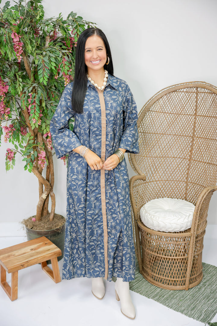 Floral Print 3/4 Sleeve Midi Dress "Dk Navy"