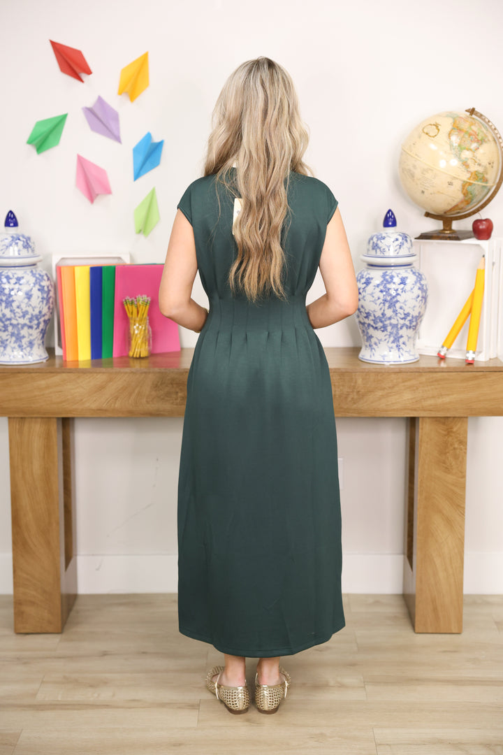 Solid Cap Sleeve W/ Pintuck Waist Midi Dress "Forest"