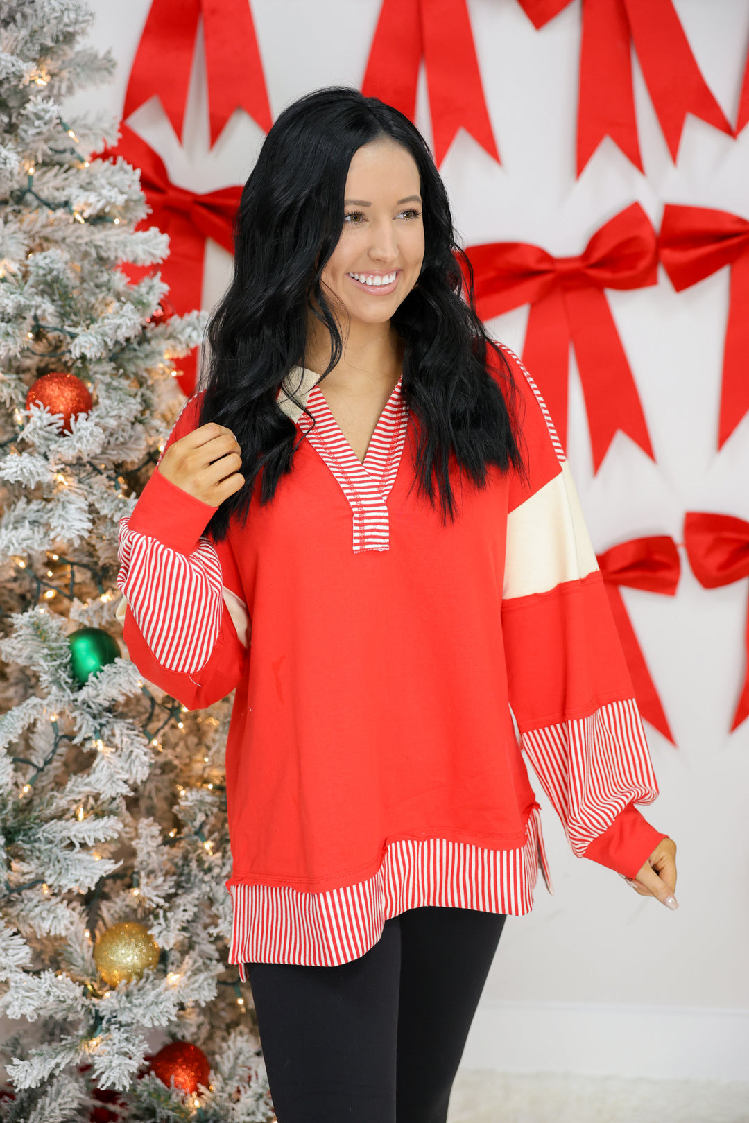 Colorblock Solid & Stripe Casual Knit Top "Red"