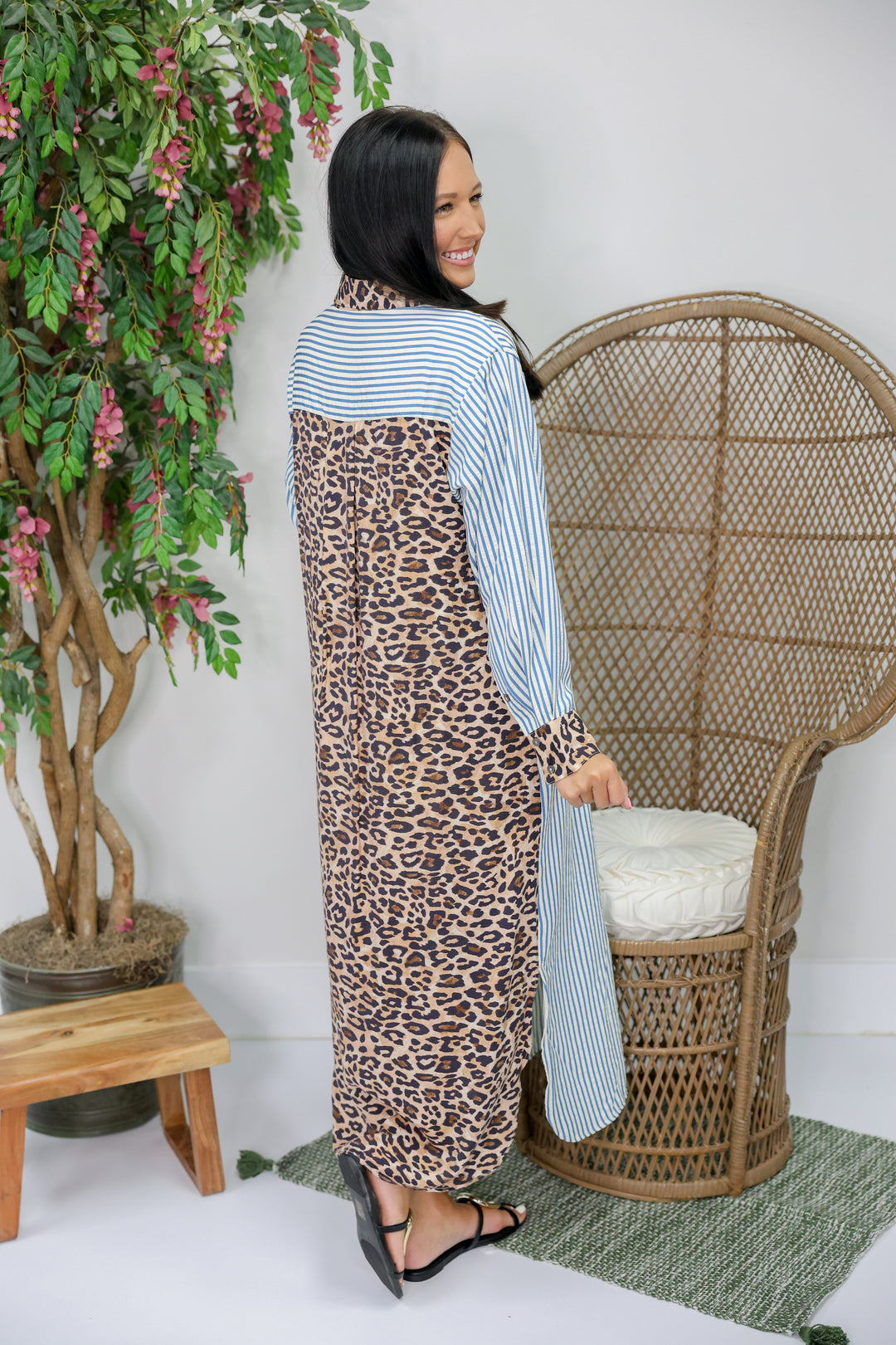 Leopard/Stripe Button Shirt Dress "Chambray"