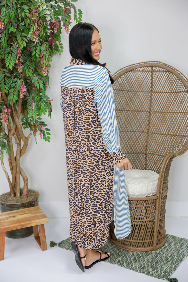 Leopard/Stripe Button Shirt Dress "Chambray"