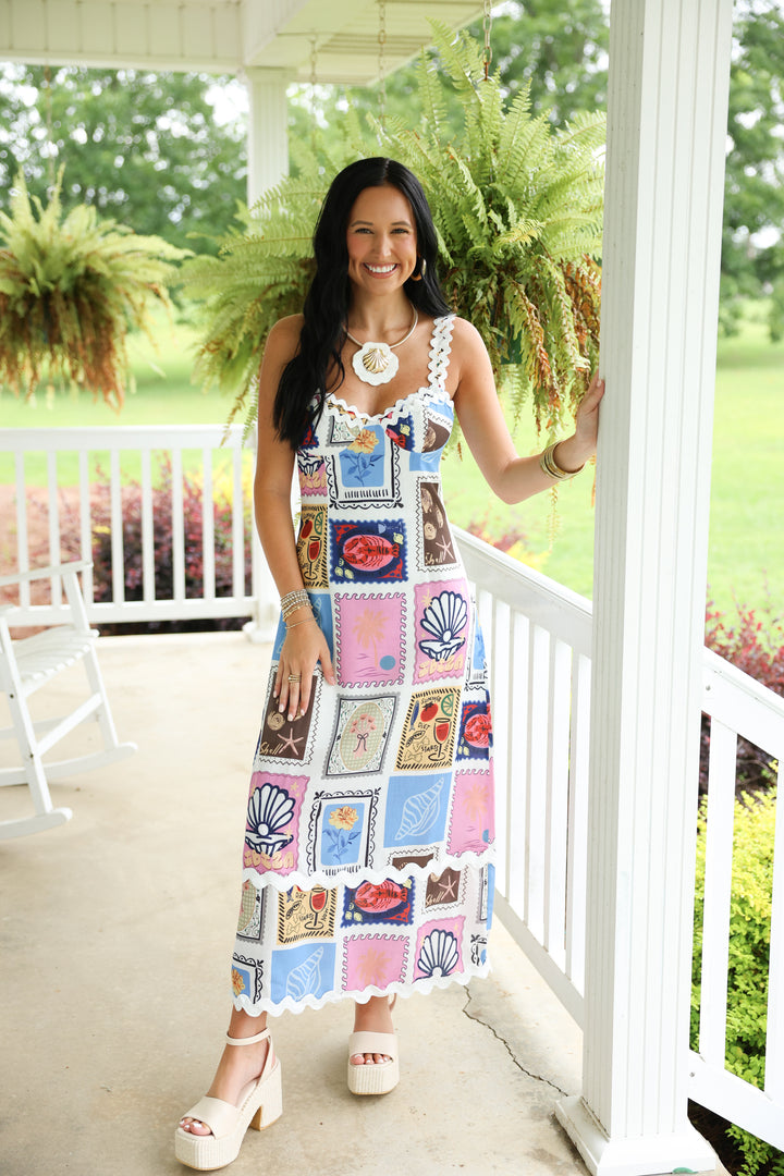 Ibiza Midi Dress "Off White/Sky Blue"