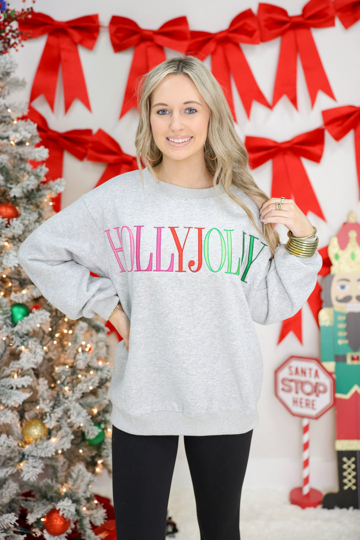 'Holly Jolly' Embroidery Letter Fleece Terry Sweatshirt "H Grey"