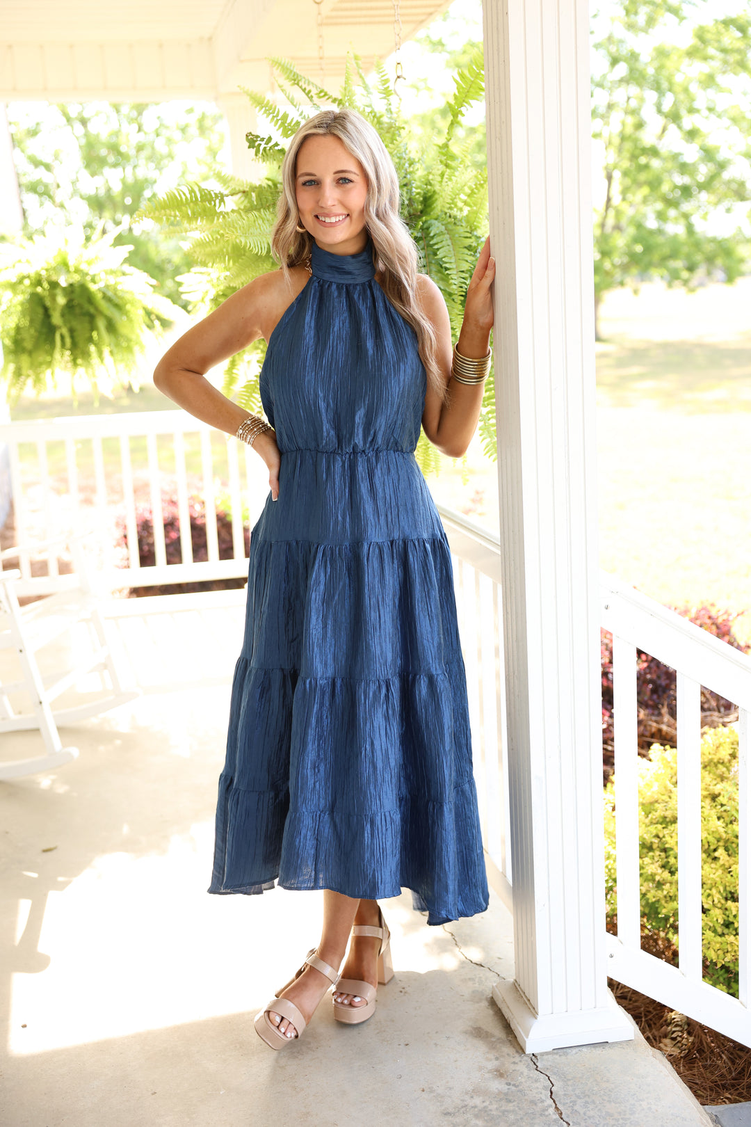 Halter Neck Tiered Maxi Dress Navy Medium