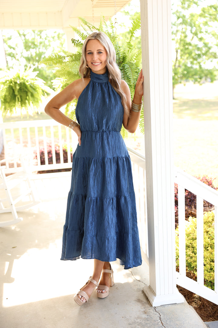 Halter Neck Tiered Maxi Dress "Navy"