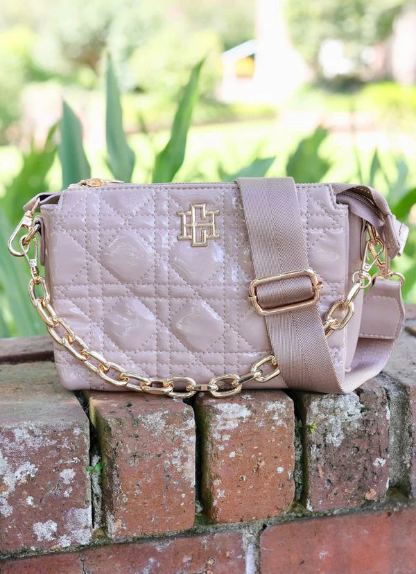 Caroline Hill - Jace Quilted Crossbody "Taupe Patent LQ"