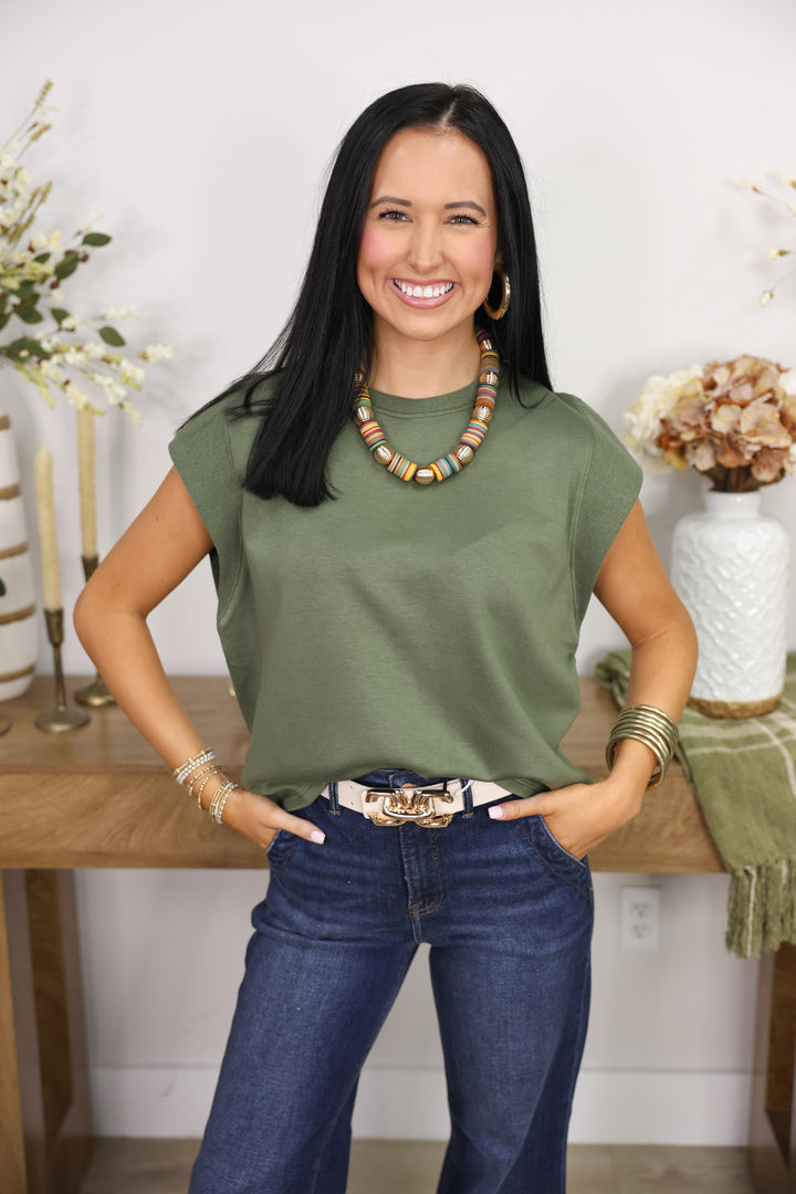 Solid Cap Sleeve Crew Neck Top "Olive"