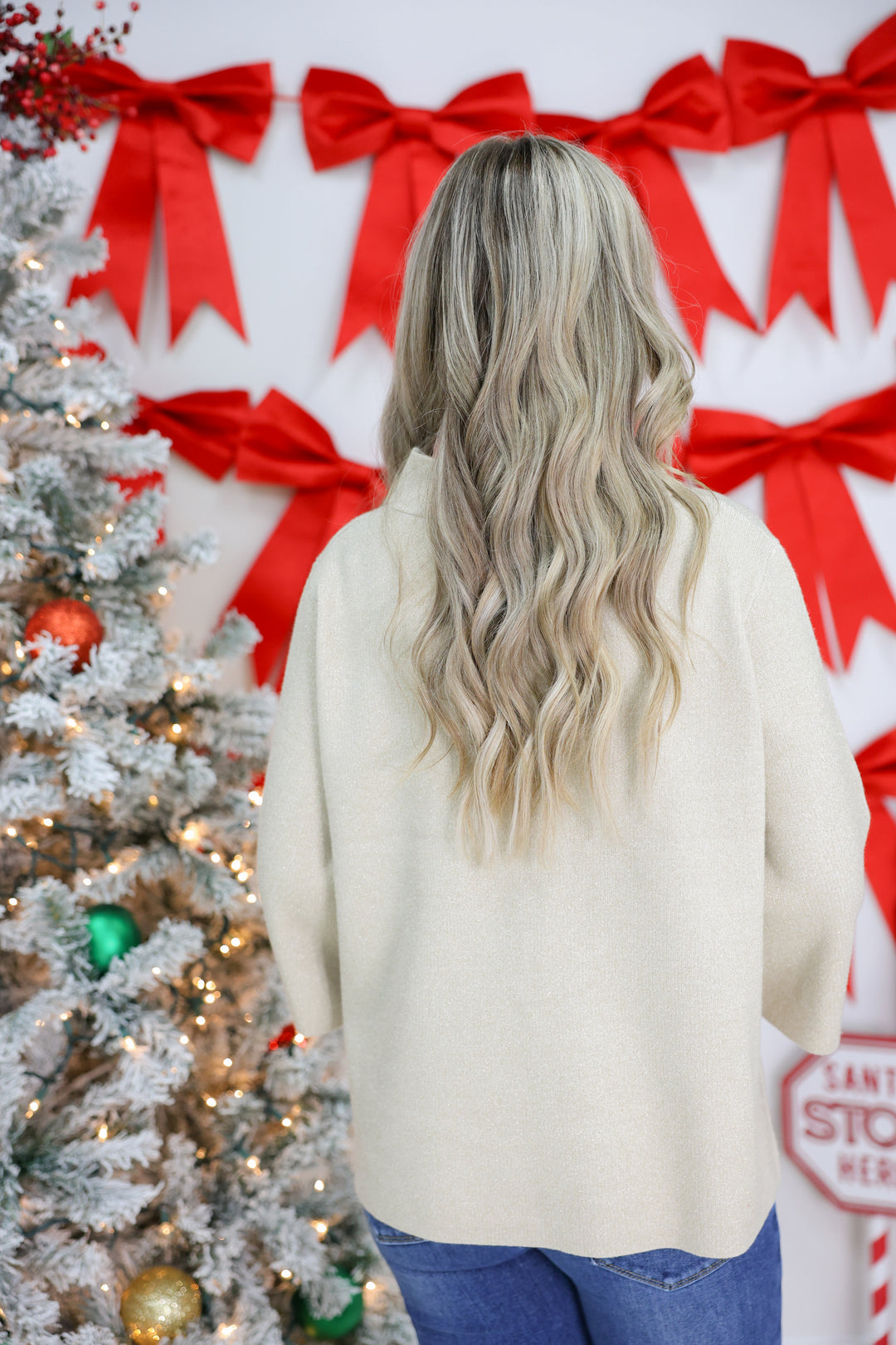 Metallic Yarn Mixed Mock Neck 3/4 Bell Sleeve Sweater "Cream Gold"